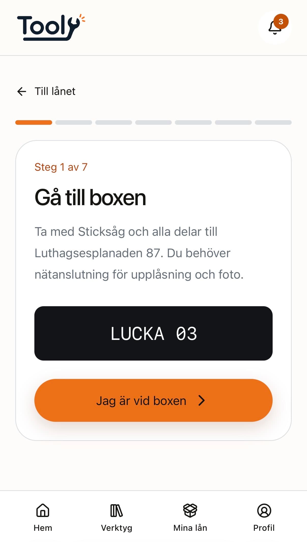 Toolys låneflöde som visar vägen till boxen och rätt lucka