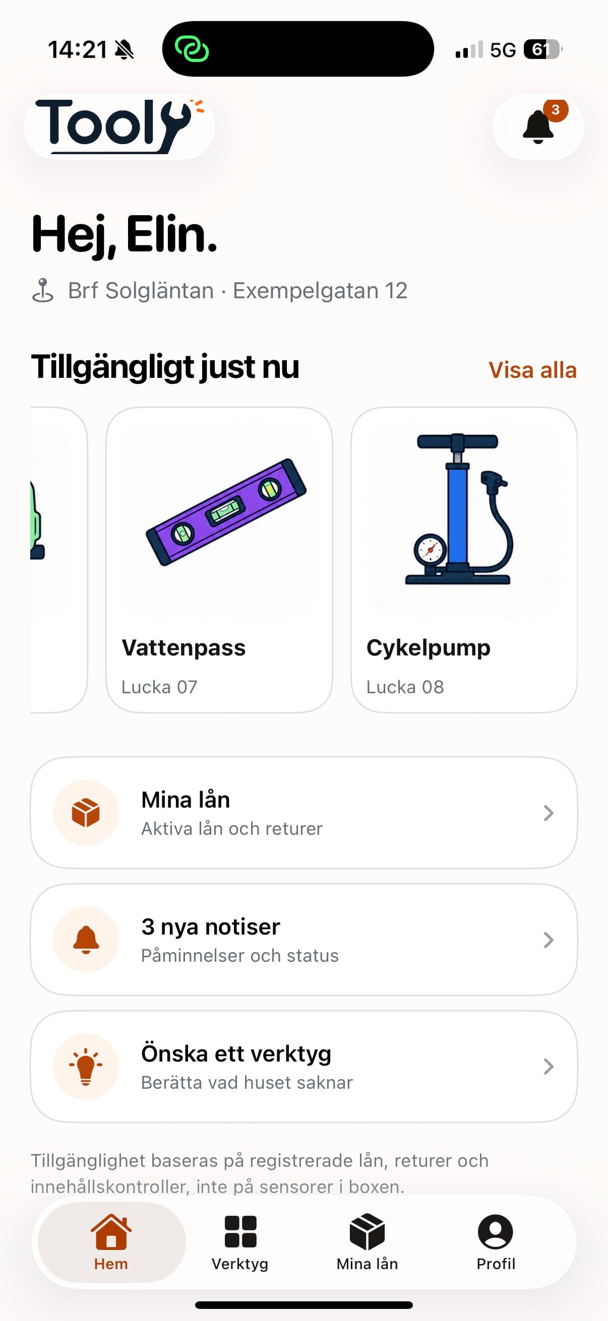 Toolys startsida med Skruvdragare, Vattenpass och Cykelpump som tillgängliga verktyg